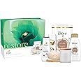 Dove Restore Complete Collection Body Wash, Bath Salt & Soak, Beauty Bar & Lotion Gift Set with a scented candle & bamboo soap tray beauty products 5 piece