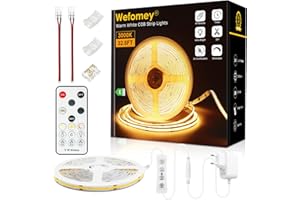 Wefomey 10M COB Ruban LED Blanc Chaud 3000K 324LED/M CRI>90 Haute Luminosité 24V Dimmable avec Télécommande et Alimentation, Pour Maison Chambre Miroi Décorer