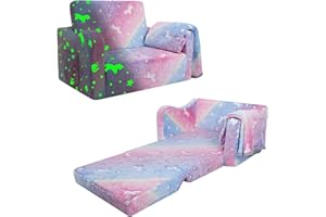 DECALSWEET Divano Bambini Trasformabile 2-in-1,Stabile Poltroncina Pieghevole per Bambini Ragazze con Coperta ,Comoda Divano Letto per Bambini che Brillano nel Buio per Camere da Letto e Soggiorno,Unicorno