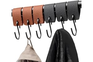 VARKAGE S Haken Schwarz mit Lederschlaufe, 6 Stück Haken Garderobenhaken Kleiderhaken Metallhaken, Mehrzweckhaken mit Lederschlaufe Campinghaken für Garderobe Kleiderstange Stange Küche Badezimmer