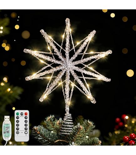 Puntale A Stella Luminoso Per Albero Di Natale Con 10 LED A Batteria, Luce Bianca Calda