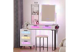 ‎FIGBIRD Figbird RGB Schminktisch mit Kabellose Ladestation und 1 USB & 1 Type-C Anschlüssen,7 Dynamisch und 7 Statisch Dimmbar LED Schminktische mit 6 Schubladen und Tischplatte aus Glas,Modern, Weiß