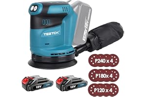 BUANKAD Brushless Orbital Sander Replacement for Makita DBO180Z, Cordless Random Orbital Sander with 12x Sandpapers, 360°Rotating Sanding Base Plate, for Sanding, Polishing Metal/Wood (2X 3000mah battery)