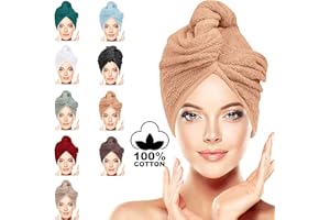 BAVIN LUXURY Hair Towel Wrap 100% Cotton, Instant Drying Lightweight Turban Cap Super Quick Absorbent Anti-Frizz Twist Toweling Dry Hat with Button Loop for Long Curly Hairs, 62CM x 23CM Camel Pair