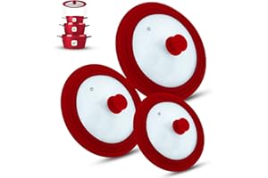 M.S.N Zestaw 3 uniwersalnych pokrywek szklanych, 3-częściowy, garnki i patelnie 16/18/20 cm i 24/26/28 cm i 28/30/32 cm, z zaworem wylotowym i silikonową krawędzią (czerwony)