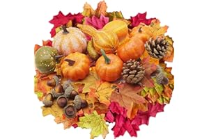 YAAVAAW 120Pcs Artificial Pumpkins Autumn Decorations Set,Autumn Home Decor Artificial Fall Maple Leaves,Pine Cones,Gourds,Pumpkin,Small Acorns for Thanksgiving Halloween Fall Home Harvest Table Decorations