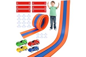 LPQKCCY 3 Lane 5M Flexible Car Track, Race Track with 4 Pull Back Toy Cars, Compatible with Diecast 1/64th Scale Cars, Speed Track for Toy Cars, Gifts for Boys Girls Kids