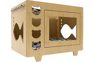 Donened Cuccia per gatti, con ingresso, in legno, 55 x 40 x 44 cm, per interni, per camera da letto, negozio di animali, ecc. (stile orso)