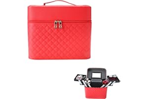 Homtone 4-warstwowa składana taca kosmetyczka do makijażu z lustrem, wodoodporna przenośna walizka na pociąg, wielofunkcyjna kosmetyczka o dużej pojemności, Czerwony, 11"x7"x8.9", Nowoczesny