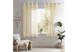DWCN Zasłony z woalu, poliestru, zestaw 2 sztuk, zasłony z woalu, na przelotkach, przezroczyste zasłony na balkon, beżowe, 137 x 140 cm (wys. x szer.)