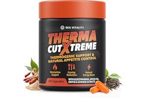 SEA VITALITY Therma CutXtreme – Thermogenic Fat Metaboliser with Glucomannan, Green Tea, Caffeine & Cayenne – Natural Energy & Appetite Control – Vegan - 60 Capsules