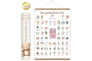 HuBorns - Poster Mis Primeras Veces para Recordar los Hitos Más Importantes de Tu Bebe, Perfecto como Regalo para Bebes Recien Nacidos, Incluye Listones de Madera para Colgar y Espacio para 1 Foto