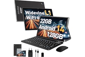 JUEDUR Tablet 10 pollici Android 14,22GB RAM+128GB ROM(1TB TF), tablet in offerta/Widevine L1/8000mAh/Octa-Core/2.0Ghz/5G WiFi 6/ 8MP+5MP/BT 5.0/Tablet con Tastiera+Custodia+Mouse, Nero