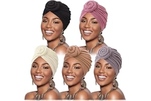 DRESHOW 5 Pack Women Turban African Pattern Knot Headwrap Beanie Pre-Tied Bonnet Chemo Cap Hair Loss Hat