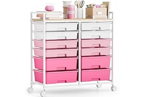 SYKIARIOL 12-Drawer-Plastic-Rolling-Storage-Utility-Craft-Organizer-Trolley-Cart on Wheels with Wooden Tabletop for Home, Office, Classroom, Makeup, Pink