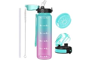 OLDLEY 1L/32oz Borraccia con Cannuccia 2 Coperchi Borracce Sportive a Tenuta Stagna Borraccia con Filtro Marcature dei Tempi Borracce in plastica Tritan Senza BPA per Bambini Adulti Ciclismo Corsa