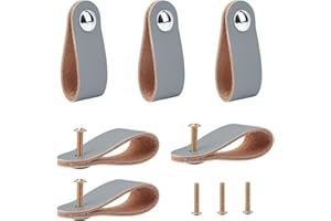 GORGECRAFT 6Pcs Leather Drawer Pull, Nordic Wardrobe Cabinet Door Handle, Single Hole Furniture Hardware Pulls for Cupboard Drawer- 141x24.5mm, Grey
