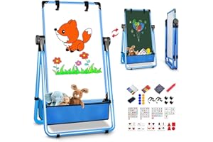 CHIDIAM Kids Easel Double-Sided Art Easel with Paper Clip Height Adjustable Whiteboard & Chalkboard 360°Rotating Standing Art Easel for Kids Gift for Boys and Girls Toys for Ages 3+ (Champagne) (Blue)