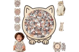 CRAZYVIEW 135-Piece Morandi-Colored Cat Shaped Wooden Jigsaw Puzzle, Cute Cat-Shaped Wooden Puzzle with A Frame, Unique Animal Shape Wood Puzzles Gifts for Cat Lovers, Home Desktop Decoration (Brown A)