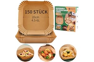 HOTSAN Backpapier für Heißluftfritteuse, 150 Stück Antihaft Einweg Airfryer Backpapier, 20 cm Ölfest Pergamentpapier Liner für 4,5-6L Luftfritteuse, zum Braten, Backen, Braten, Mikrowelle (Quadrat)