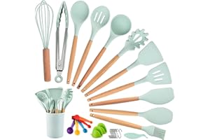 YUEHAO Ustensiles de Cuisine,Ustensiles de Cuisine en Silicone en Bois,Batterie de Cuisine Antiadhésive,Manche en Silicone de Qualité Alimentaire,Résistant aux Rayures,avec Réservoir de stockage d'eau (vert)