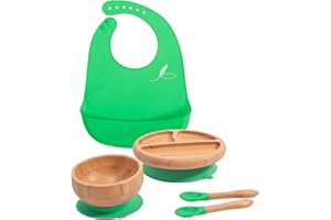 Love Earth ® - Bamboo Baby Weaning Set – 5 Piece Baby Weaning Set Including Suction Plate, Bowl, Spoons, and a Silicone Bib – Eco-Friendly Weaning Set for Babies from 3 Months to 6 Years (Green)