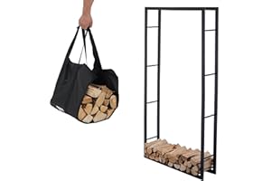 Lendo Online Kaminholzregal + Tragetasche - Innen & Außen - Feuerholzregal - Kaminholzständer - Brennholzregal - Schwarz - Metall (100x25x196cm)