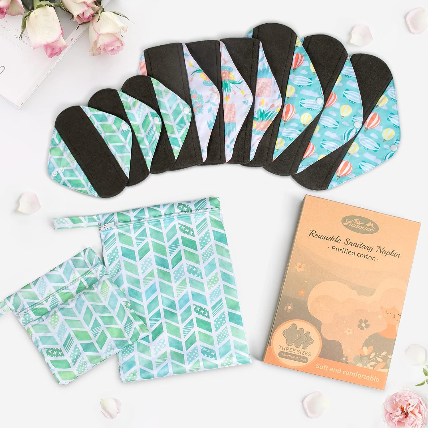 Viedouce - Toalla higiénica lavable, juego de 9 toallas higiénicas reutilizables, toalla higiénica de tela, protege slip lavable con 2 bolsas de almacenamiento impermeables