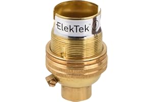 ElekTek Unswitched Lamp Holder B22 BC Bayonet Cap with Shade Ring 1/2" 26TPI Threaded Bottom Entry - Made in UK - Brass