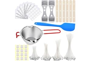 FUNXIM Kerzenherstellung Kit, Schmelztopf Gießtopf und 200 Kerzendocht 9, 12, 15, 20 cm, 200 Dochtaufkleber, 2 Metall + 6 Holz Mittelgerät, 1 Silikonspatel, 12 Warnaufkleber, DIY Kerzen Selber Machen Set