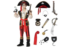 Enhenenhen Costume Pirata Bambino, Vestito Pirata Bambini, Costume da Pirata con set di Accessori, Halloween Carnevale Pirata Cosplay Costumi per Bambini dai 3 4 5 6 7 8 9 10 11 12 anni
