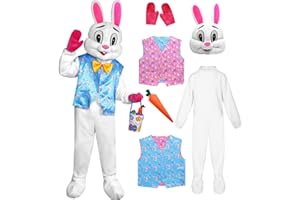 HarnyLoom Easter Bunny Costume Adult - Deluxe Plush Rabbit Mascot Outfit with Blue & Rose Easter Print Reversible Vest - Perfect for Easter Parades Cosplay Holiday Events