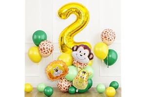 DAGELAR Safari Jungle Balloons for 2nd Birthday Boys Girls, Jungle Theme Second Birthday Decoration with Gold Number Balloon 2, Animal Print Balloons for Wild One Tropical Theme Party Supplies Baby Shower