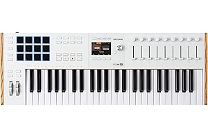 Arturia KeyLab 49 MK3 White, teclado c/controlador MIDI producción, paq. software todo-en-1-49 teclas, 9 codificadores, 9 faders, 1 rueda modulación, 1 rueda inflex. tono, 12 almohadillas - Blanco