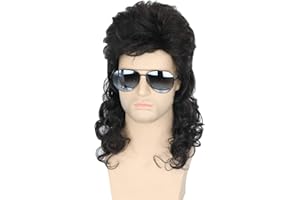 Topcosplay Herren Vokuhila Perücke, Schwarz Lockige Perücke Lang, 80er Jahre Mullet Punk Popstar Perücke Proll Perücke Rockerperücke für Fasching Karneval Halloween