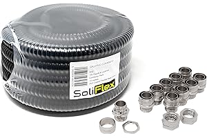 ARMAKIT Outdoor Flexible Metal Cable Trunking | Galvanised PVC Coated Conduit Contractor Pack (IP54) 10M Coil - Underground Burial, Garden Electrical Ducting. Complete w/Fittings - 10 Glands and Locknuts