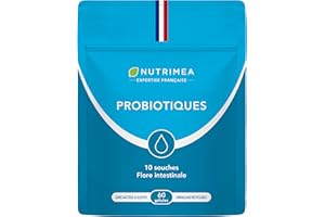LABORATOIRES NUTRIMEA PROBIOTIQUE FLORE INTESTINALE – Avec Prébiotiques – Equilibre de la Flore Intestinale – 10 Souches – 10 Milliards d’UFC par Gélule – 60 Gélules Vegan – Fabriqué en France – Nutrimea