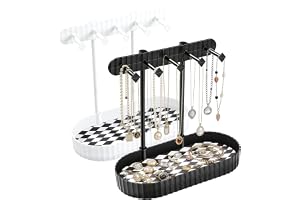 Smyckestativ för Kvinnor, Smyckesorganiserare med 5 Krokar, Förvaring för Halsband, Örhängen, Ringar, Vitt och Svart 2-delat