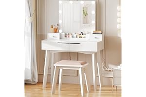 ANWBROAD Toletta Tavolo da toeletta 10 Lampadine Toeletta con Luci LED 3 Colorazioni Specchio Illuminato con 4 cassetti 2 DIY Divisori Fai da Te Sgabello Imbottito Mobile Bianco BDT06W