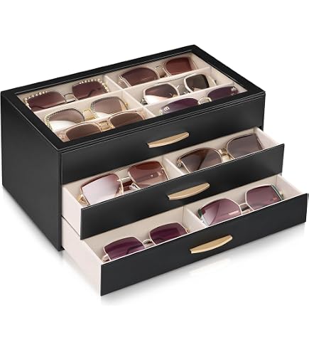 Procase Boîte à Lunettes Ranger 12 Paires - Vitrine Verre Antichoc 2 Compartiments Noir - Protection Soleil Et Vue