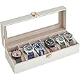 SONGMICS Watch Box with 6 Slots, Watch Case with Glass Lid, Watch Display Box with Removable Watch Pillows, Metal Clasp, Gift Idea, Cloud White Synthetic Leather, Cappuccino Beige Lining JWB006W01