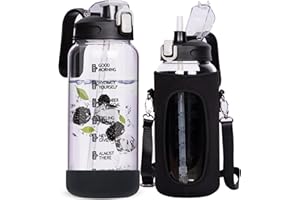 DEARRAY 2l Gourde Verre Motivation avec Paille et Marqueur de Temps 2 litres grand transparente Bouteille eau Verre Borosilicaté Carafe eau Pichet en Verre