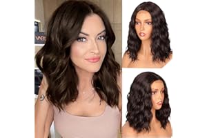 PORSMEER Peluca Marrón Oscuro, Corto Ondulado Bob Afro Encaje Frontal Pelucas Natural para Mujer, Cabello Rizado Hombro Longitud Sintético Lace Front Pelo para Halloween Cosplay Disfraces 14" (4#)