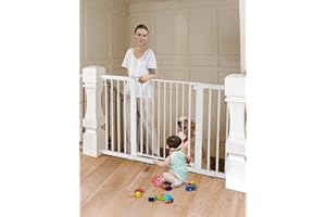 COMOMY 75-131cm Puerta para Perros, Extra Ancho Barrera Seguridad Niños Escaleras, Valla Seguridad Infantil con Señal Roja/Verde, sin Agujeros, Cierre Automático, (76cm H, Blanco)