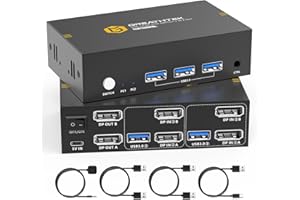 GREATHTEK 8K@60Hz Displayport KVM Switch 2 PC 2 Monitores, USB3.0 KVM Switches 2 Monitores con 3 Puertos USB 3.0, DP1.4 KVM Switches,Comparte Múltiples Dispositivos USB