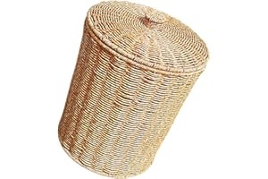 Healeved Imitation Panier à Déchets en Osier Tissé - Poubelles De Bureau avec Couvercle, Grand Panier à Linge pour Bureau, Chambres - Corbeille Papier(33,5 x 28 x 28 cm)