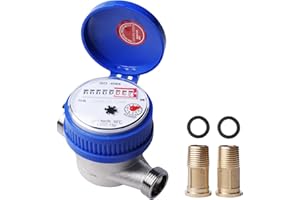 VEGOATY Compteur d'eau de jardin calibré 1/2 pouces, compteur d'eau froide avec accessoires de montage et couvercle de protection, 0-40 ℃ 1,5 m³/h, matériel fer/ABS, affichage numérique et aiguilles pour la