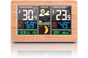 VORRINC Termómetro Higrometro LCD Pantalla Medidor Temperatura, Estación Meteorológica Interior y Exterior con Sensor Inalámbrico al Aire Libre, Barómetro Alarma Fase lunar Pantalla