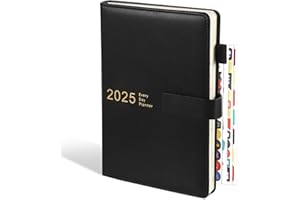 Thboxes 2025 Diary A5 Page a Day, Academic Diary from Jan 2025 to Dec 2025, 2025 Planner with Stickers, Leather Cover, 360 Pages, 80GSM Paper, 21 X 14 cm—Black