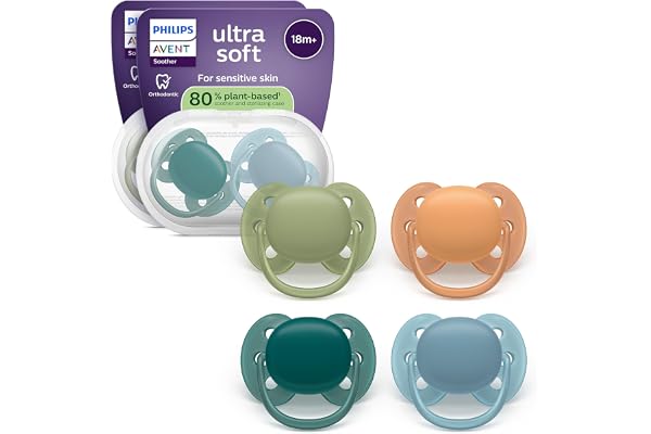 Avent ultra soft-nappar – ortodontisk design, för bebisar 18+ månader, flexibel sköld, extra fast symmetrisk silikonnapp, BPA-fri, med 2 steriliseringsfodral, 4-pack, SCF093/08